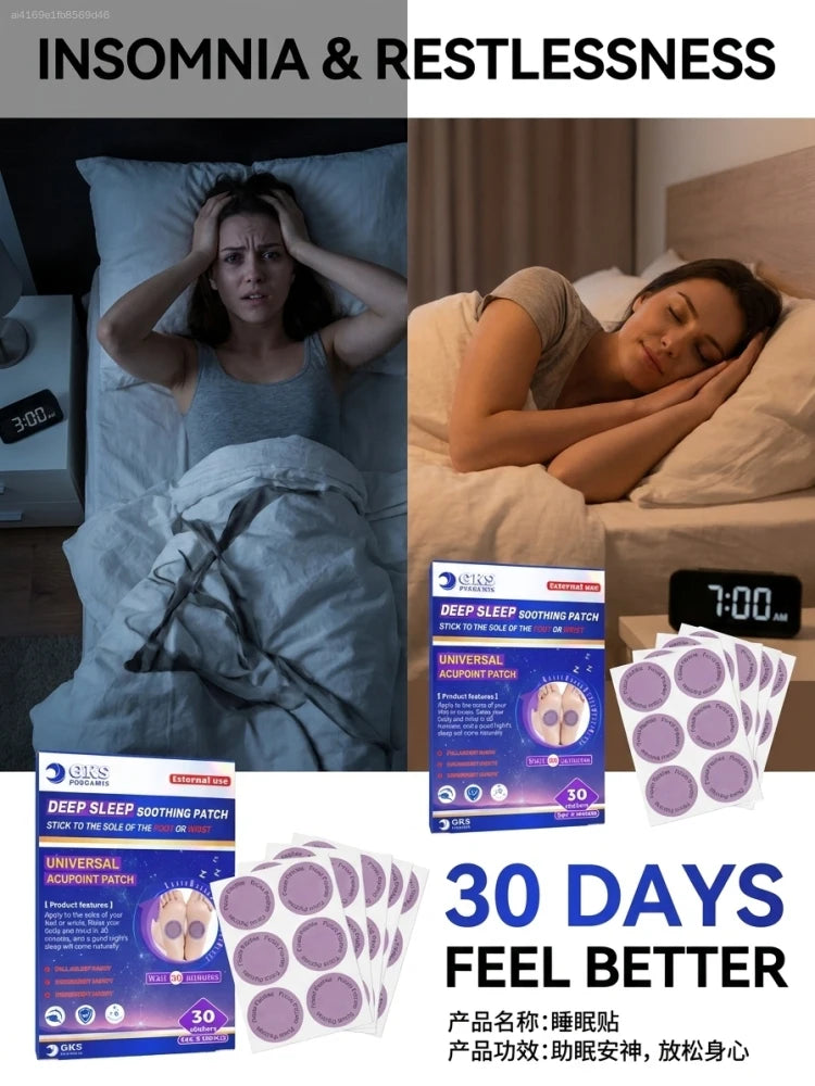 30 nighttime sleep-aid patches with a herbal scent, suitable for all ages.