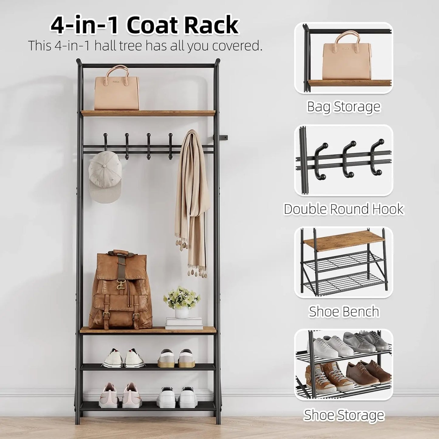 Coat Rack Hall Tree with Shoe Storage Bench, 4-in-1 Entryway Organizer Featuring 10 Hooks and 3 Tier Shoe Rack, Durable Metal Frame, Freestanding Storage Unit for Hallway, Single Row