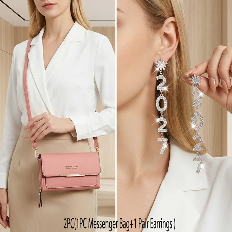 1 Pair Earrings or 2PC(1PC Messenger Bag+1 Pair Earrings )Women's Small Shoulder Crossbody Bag and Elegant Rhinestone 2027 Long Drop Earrings, Mobile Phone Card Wallet Bag,Casual Handbag for Party Birthday,Daily Use Holiday G