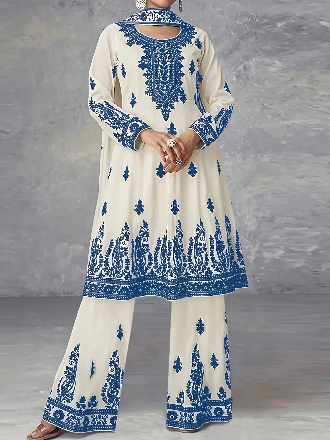 Plus Size Women's Off-White and Black Printed Three-Piece Set Ethnic Style Crew Neck Long Top Wide-Leg Pants and Headscarf Set