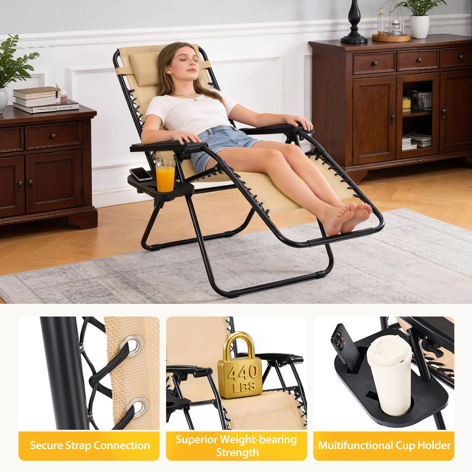 JHK Portable Zero Gravity Recliner Chairs Set of 2 Outdoor Garden Folding Lounge Chair with Cup Holder Trays Adjustable Pillow - Louie's Joint 