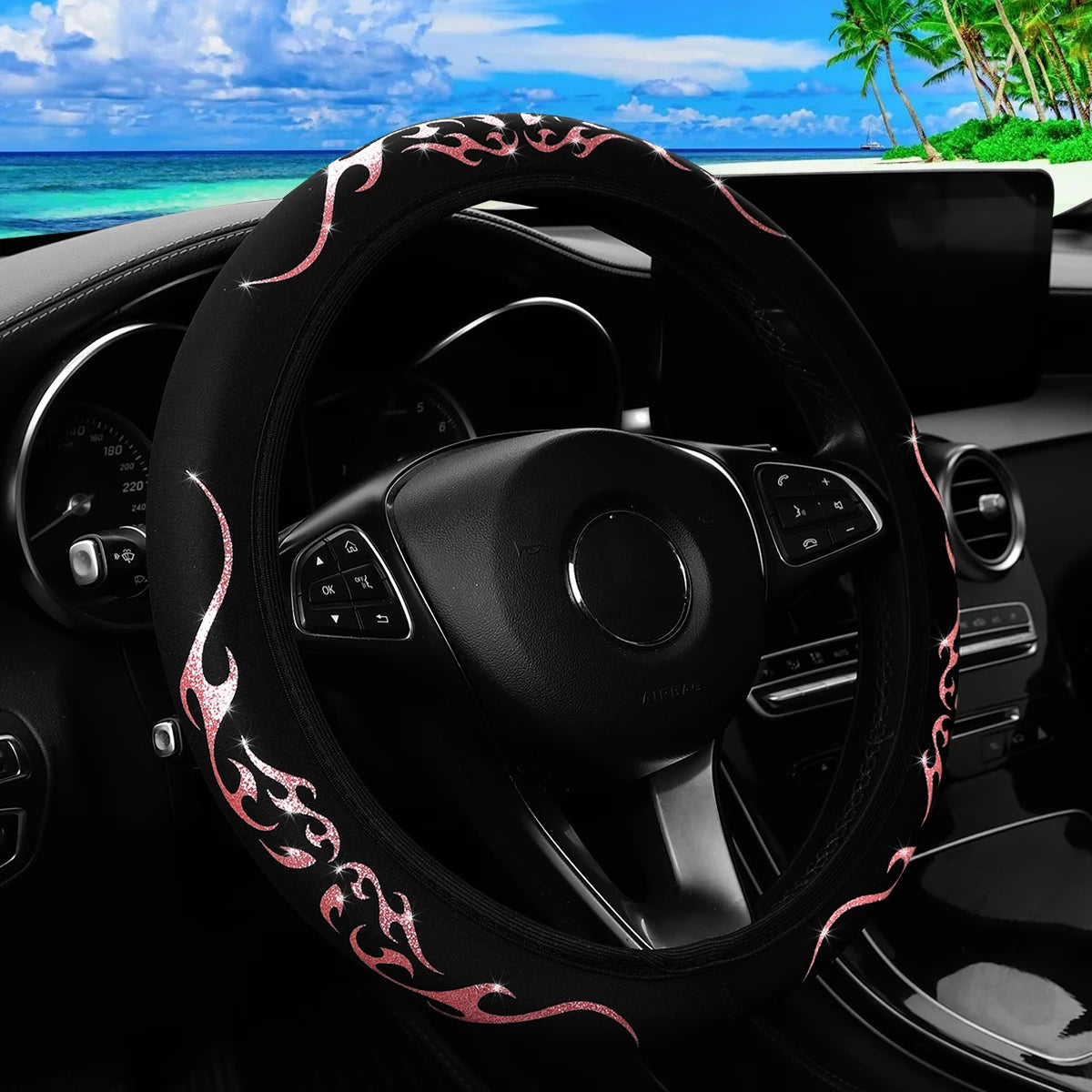 A Blingbling Flame Totem dynamic fabric car without inner ring steering wheel cover fits 14.5-15 inch automotive supplies - Louie's Joint 