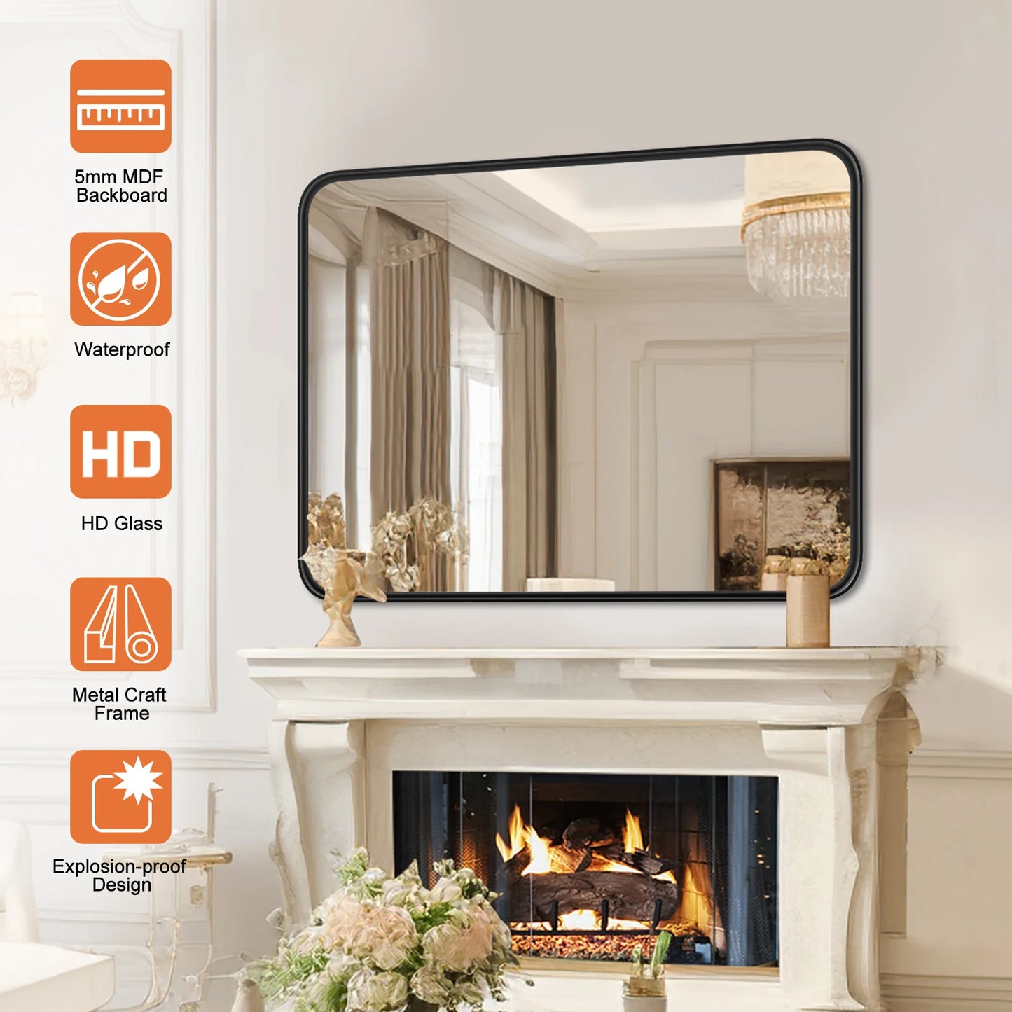 JHK Matte Metal Framed Bathroom Mirror for Wall,Vanity Rectangle Rounded Corner Tempered Glass Mirror,Clear Reflection,Modern