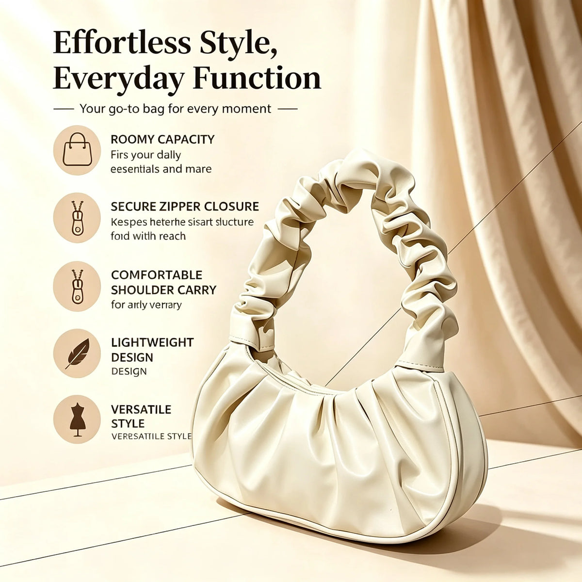 The Women Ruched Cloud Shoulder Bag Pleated PU Leather Crescent Hobo Handbag Soft Zipper Underarm Purse Daily Party Casual Ladies Hand Bags
