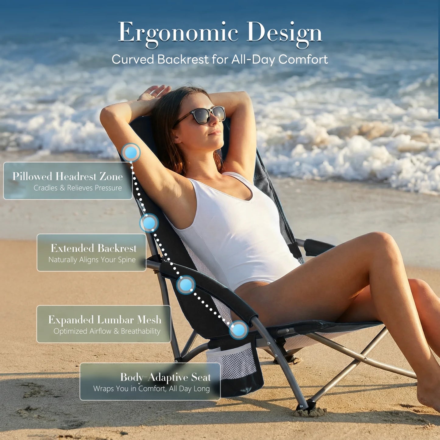 JHK Outdoor Portable Low Beach Camping Chair Folding Chair with Cup Holder Padded Armrests Sturdy Steel Frame Picnic Chair
