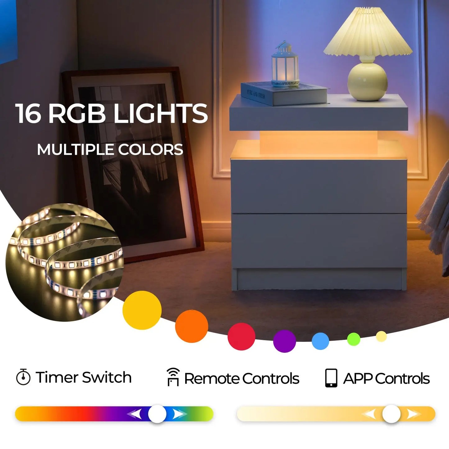 Cubehom Nightstand Pair With LED Drawers Bedside Tables