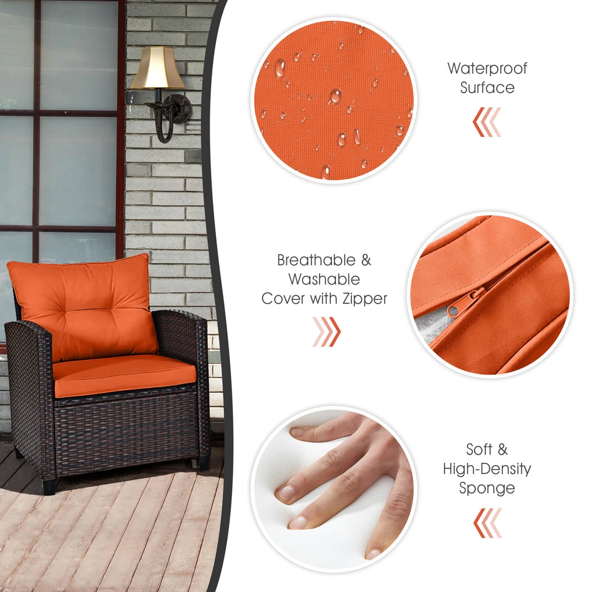 3 PCS Patio Rattan Furniture Set Cushioned Conversation Set Sofa Orange - Louie's Joint 