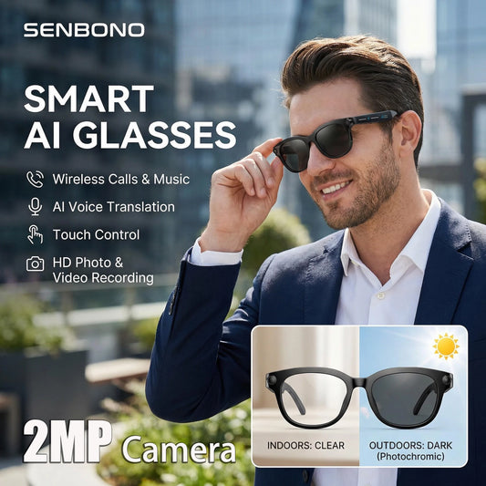 SENBONO AI Smart Glasses with  Camera Take Photo 2MP/5MP/8MP 1080P 4K Videos Smart AI Glasses AI Voice AI Photo Recognition AI Translation Wireless Calling Music Control Sunglasses for Men Women