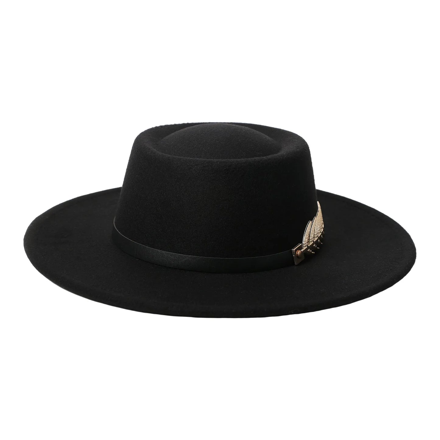 Womens Elegant Felt Cloche Flat Brim Hat with Metallic Fishbone Embellished Band - Louie's Joint 