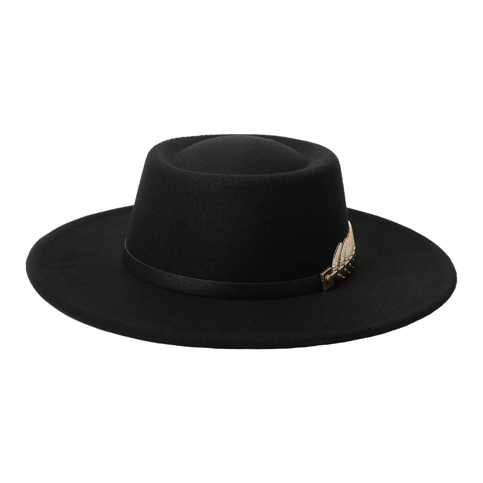 Womens Elegant Felt Cloche Flat Brim Hat with Metallic Fishbone Embellished Band - Louie's Joint 