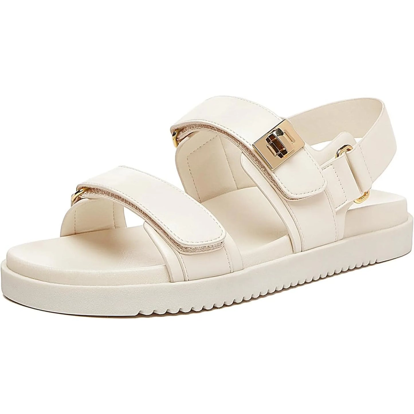 Women's Leather Flat Sandals With Adjustable Double Strap Comfort Footbed
