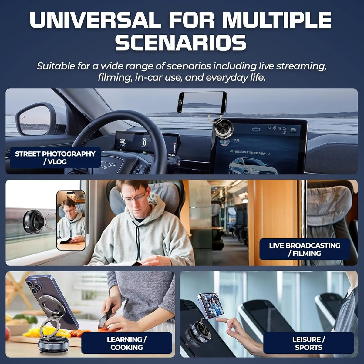 Upgraded 360 ° Adjustable Magnetic Phone Stand, Multi functional Navigation Car Device Installation Stand, Suitable for Cars/Gyms/Mirrors/Smooth Surface Non stick Suction Cup Phone Stand Compatible with All Smartphones