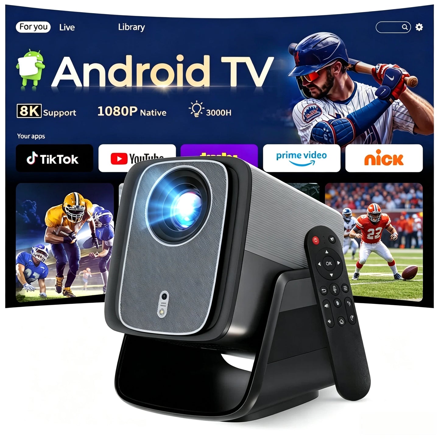 X5AR 8K Support Projector Native 1080P, Android 14 5G WiFi 6 BT5.4, Smart Auto Keystone Portable for Home Theater & Camping