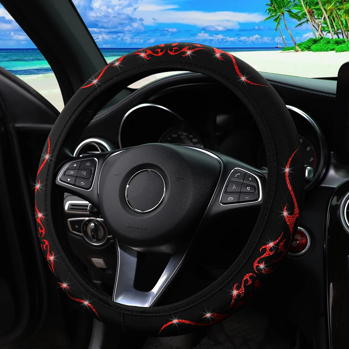 A Blingbling Flame Totem dynamic fabric car without inner ring steering wheel cover fits 14.5-15 inch automotive supplies - Louie's Joint 