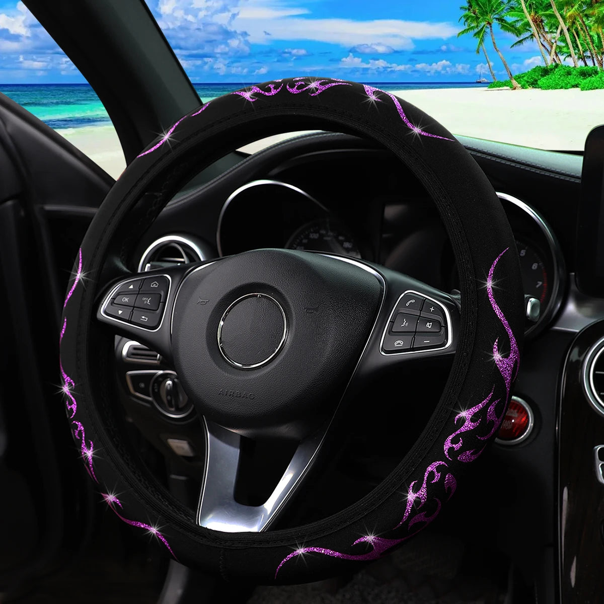 A Blingbling Flame Totem dynamic fabric car without inner ring steering wheel cover fits 14.5-15 inch automotive supplies - Louie's Joint 