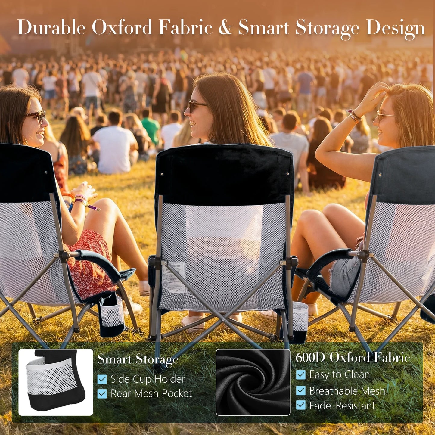 JHK Outdoor Portable Low Beach Camping Chair Folding Chair with Cup Holder Padded Armrests Sturdy Steel Frame Picnic Chair