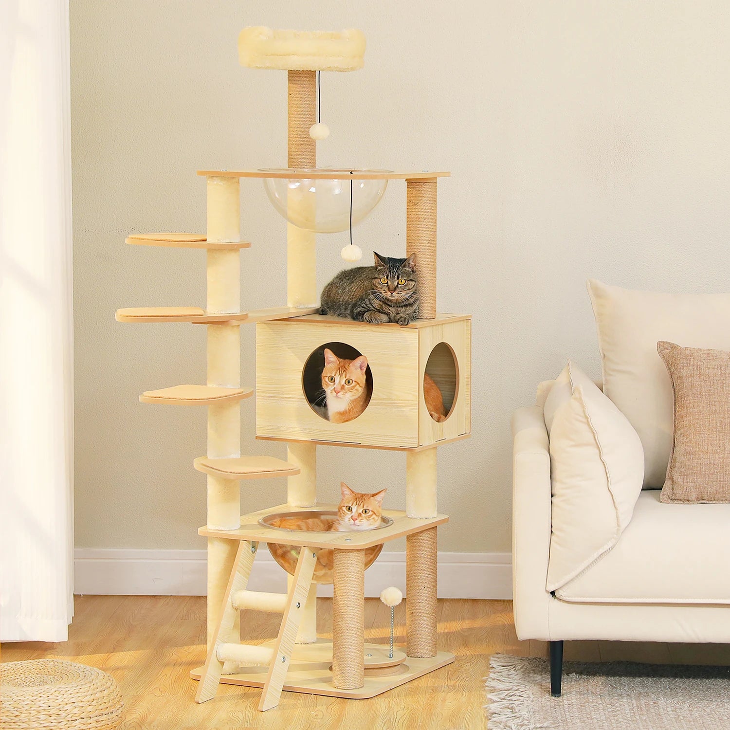 Multi-Level Cat Tree for Indoor Wood Cat Tower with Scratching Posts Spacious Condo Hammock Top Perch Cat Scratcher Cat Toys - Louie's Joint 
