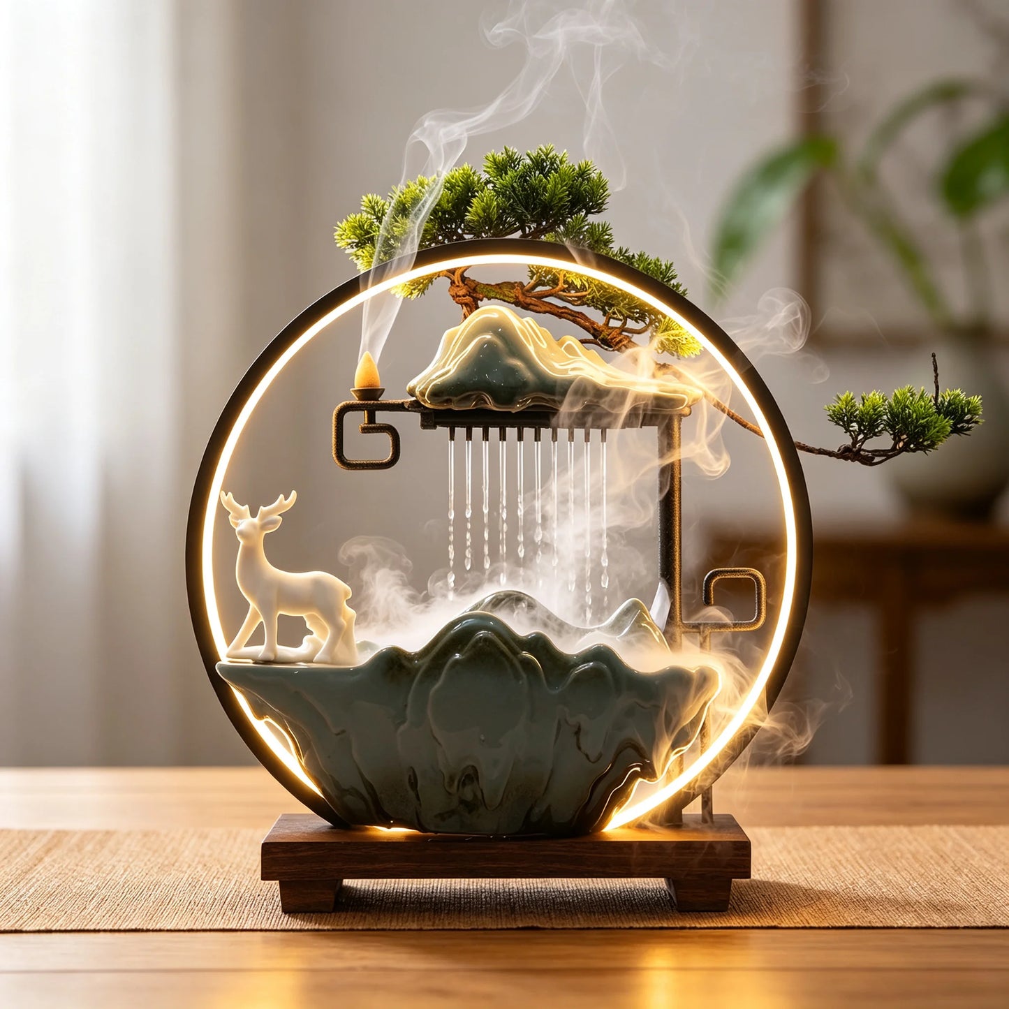 Bymaocar Decorative Water Fountain Tabletop Fountain LED Light Mist Effect Indoor Fountain Simulated Landscape Bonsai Tree Home Office Desk Decor Zen Relaxation Gift