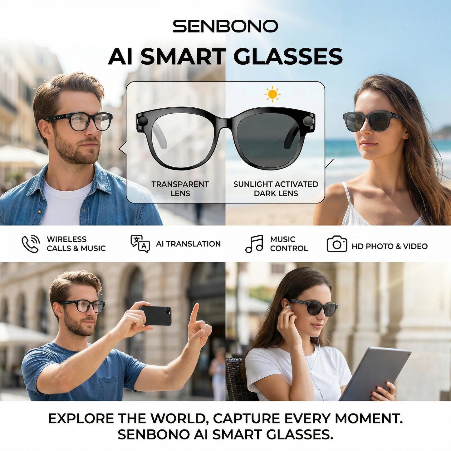 SENBONO AI Smart Glasses with  Camera Take Photo 2MP/5MP/8MP 1080P 4K Videos Smart AI Glasses AI Voice AI Photo Recognition AI Translation Wireless Calling Music Control Sunglasses for Men Women
