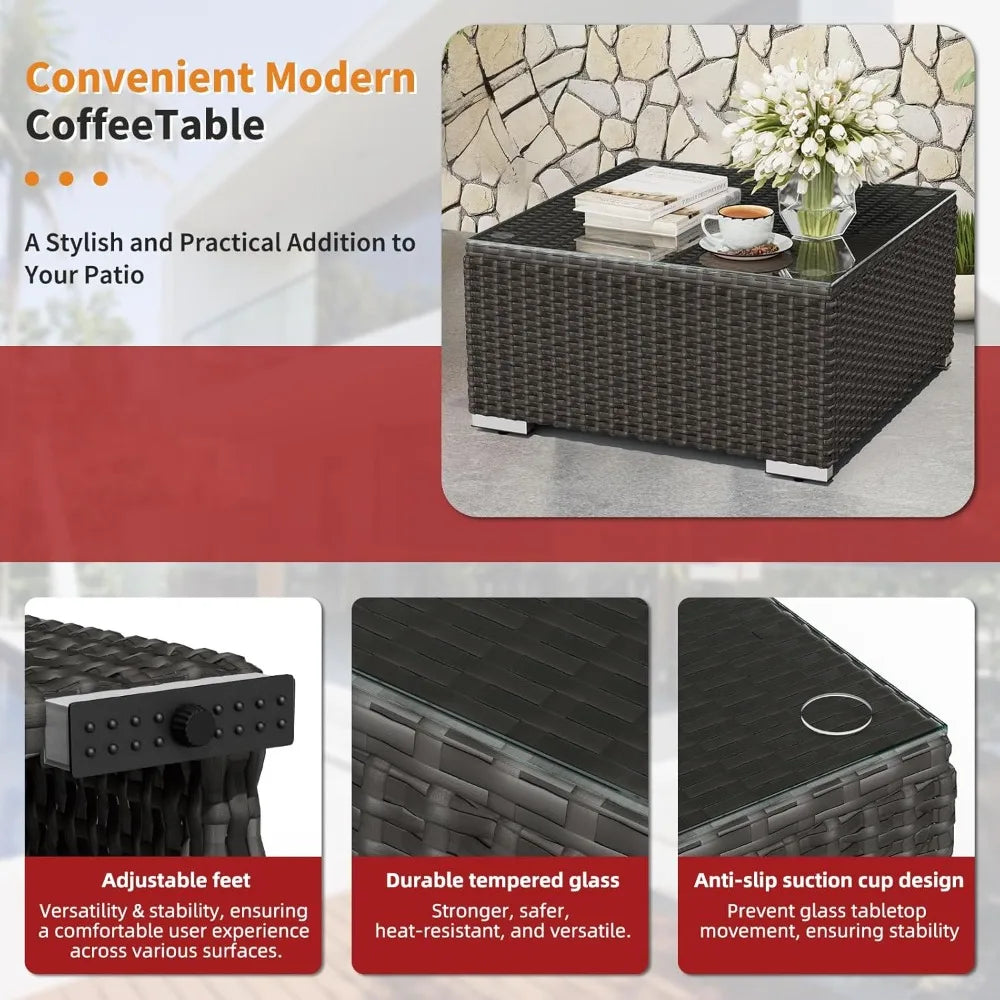 Outdoor Patio Sofa Set In Rattan Wicker With Glass Table